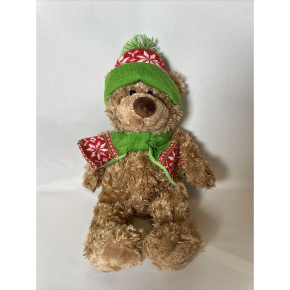 Hugfun Internation Inc Bear 17" Shaggy Brown Plush Winter Red Green Beanie Scarf - Picture 1 of 6